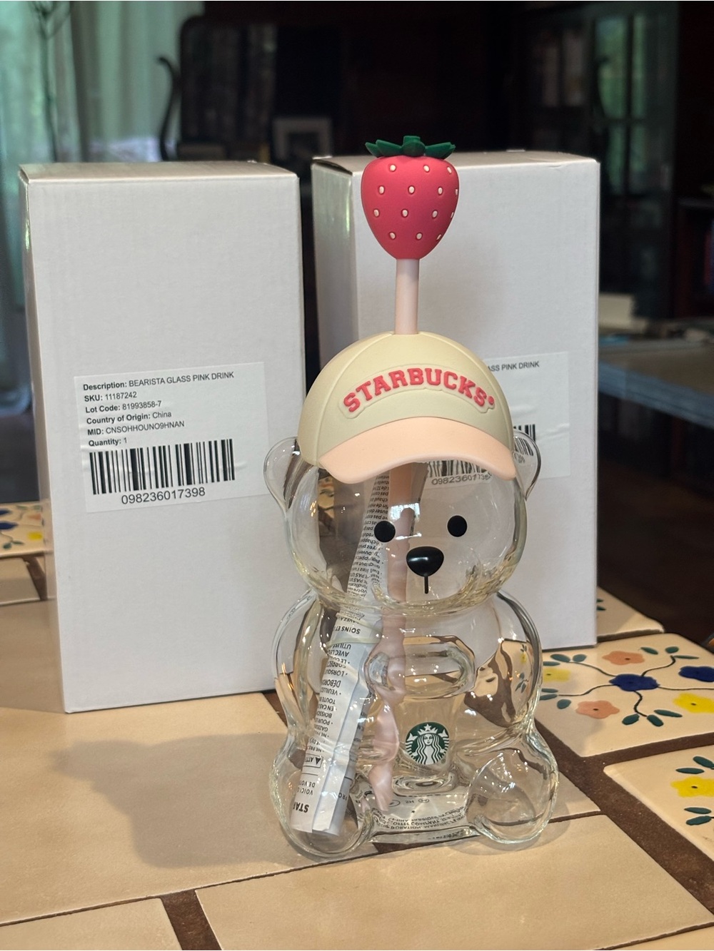 Starbucks Limited Edition Bearista Cup with Cap and Pink Strawberry Straw topper